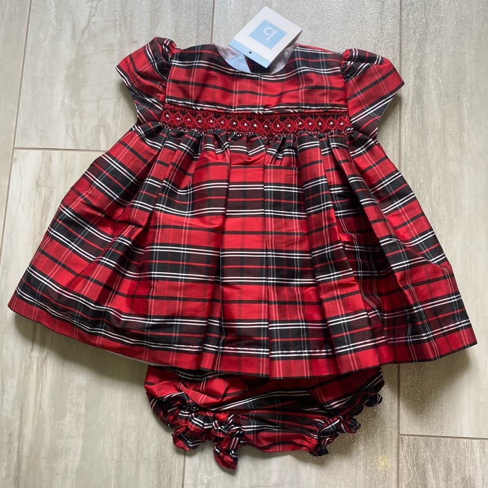 NWT Bella Bliss Opal Tartan Plaid Taffeta Puff Sleeve Dress with Bloomers, 9M